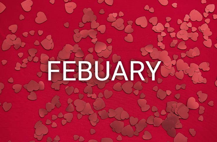 Red background with hearts and the text February